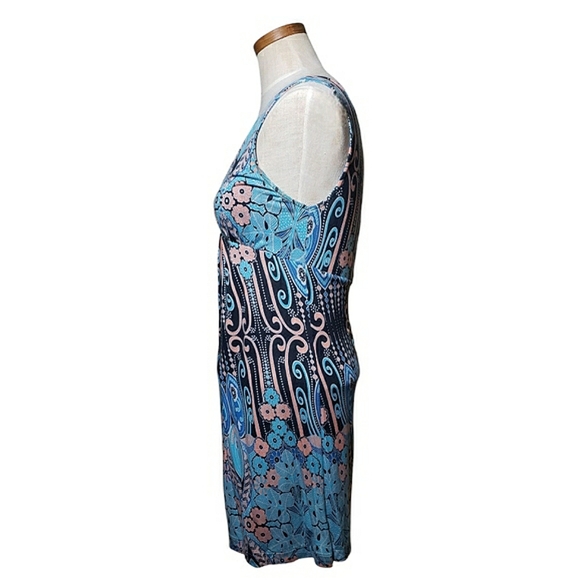 Free People Floral Boho Button Up Back Sleeveless Stretch Blue Mini Dress Size 6 - Picture 3 of 16
